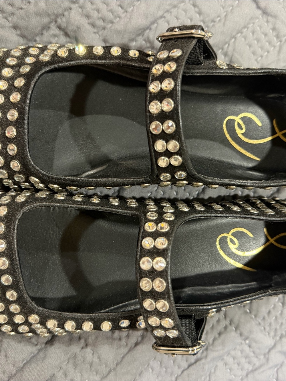 Women's Black Studded Michaela Mary Jane Flats with Crystal Accents, 8.5 - Picture 2 of 3